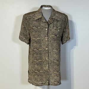 Vintage Silk Blouse Women’s Size 8 Brown Black Button Down Short Sleeve Pocket
